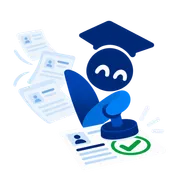 The Visavi mascot stamping a form that is already filled in