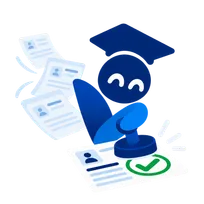 The Visavi mascot stamping a form that is already filled in
