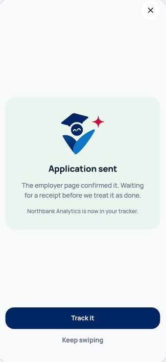 Application sent. The employer page confirmed it, and Northbank Analytics is now in your tracker.