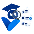 The Visavi mascot checking job cards with a magnifier